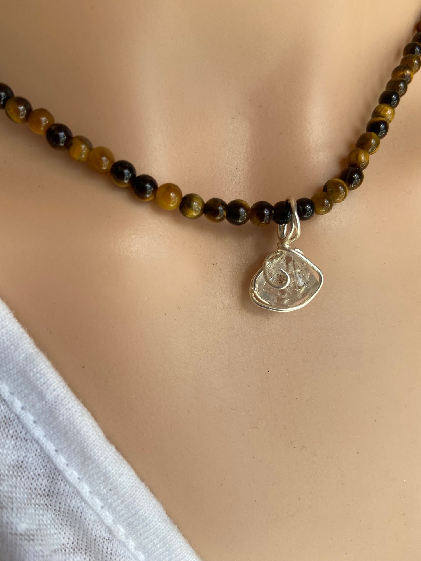 Herkimer diamond crystal wrapped in sterling silver pendant with Tigers eye natural gemstone beaded necklace