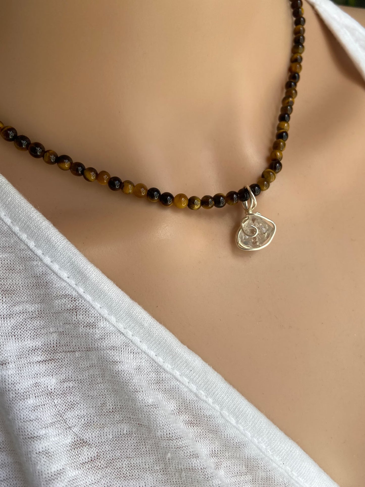 Herkimer diamond crystal wrapped in sterling silver pendant with Tigers eye natural gemstone beaded necklace