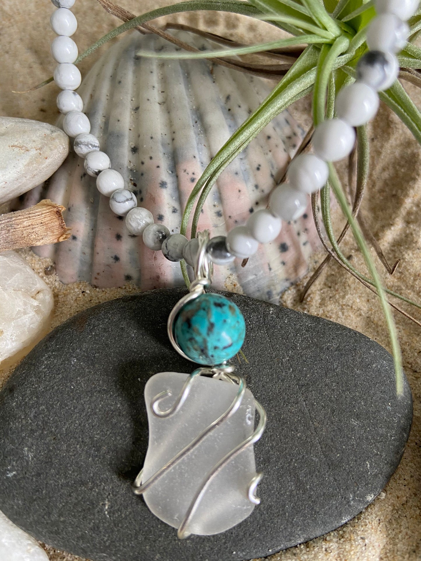 Beach Sea Glass and genuine Turquoise stone bead wrapped in 925 sterling silver creating a beautiful pendant
