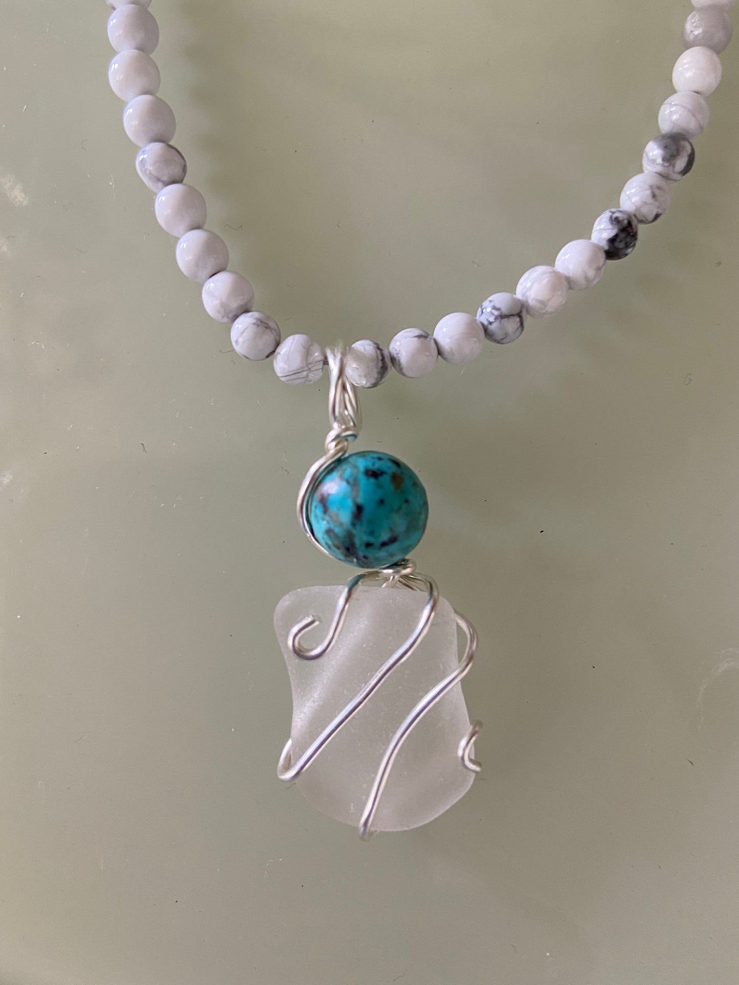 Beach Sea Glass and genuine Turquoise stone bead wrapped in 925 sterling silver creating a beautiful pendant