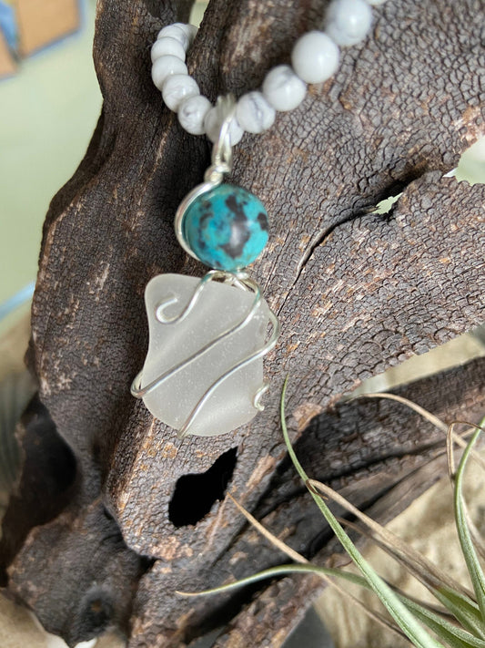 Beach Sea Glass and genuine Turquoise stone bead wrapped in 925 sterling silver creating a beautiful pendant