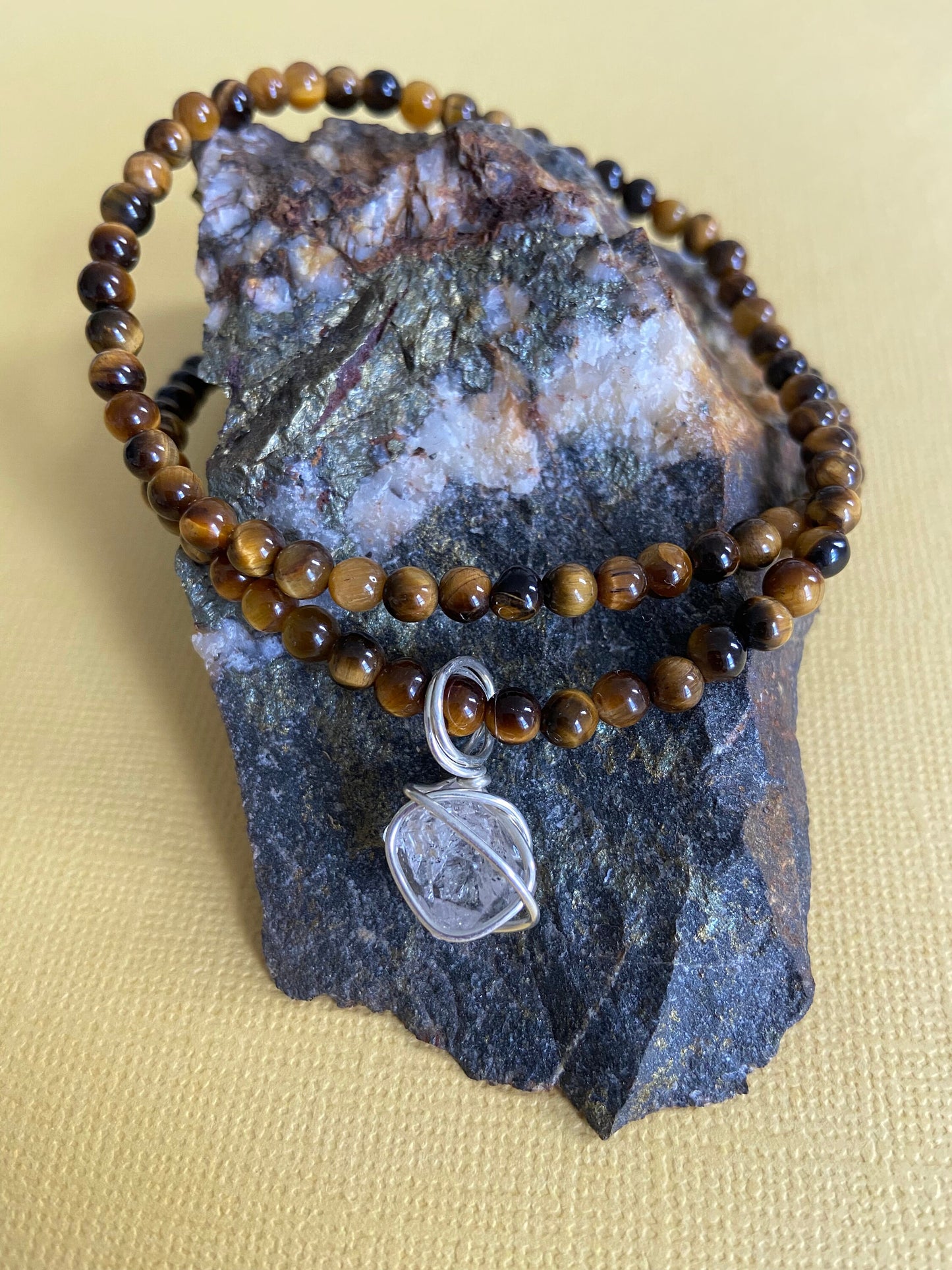 Herkimer diamond crystal wrapped in sterling silver pendant with Tigers eye natural gemstone beaded necklace