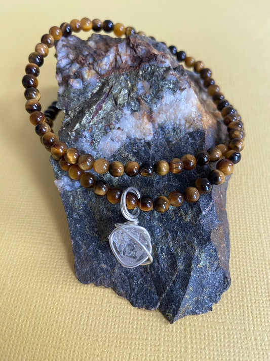 Herkimer diamond crystal wrapped in sterling silver pendant with Tigers eye natural gemstone beaded necklace