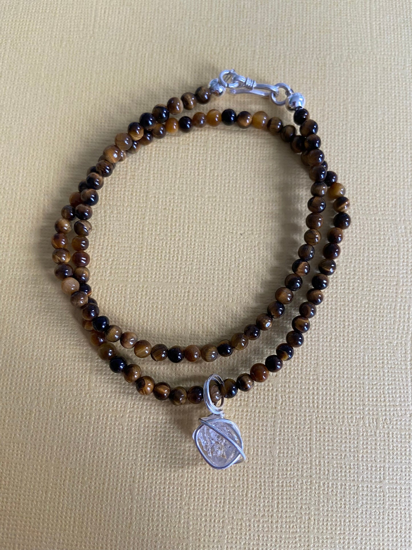 Herkimer diamond crystal wrapped in sterling silver pendant with Tigers eye natural gemstone beaded necklace