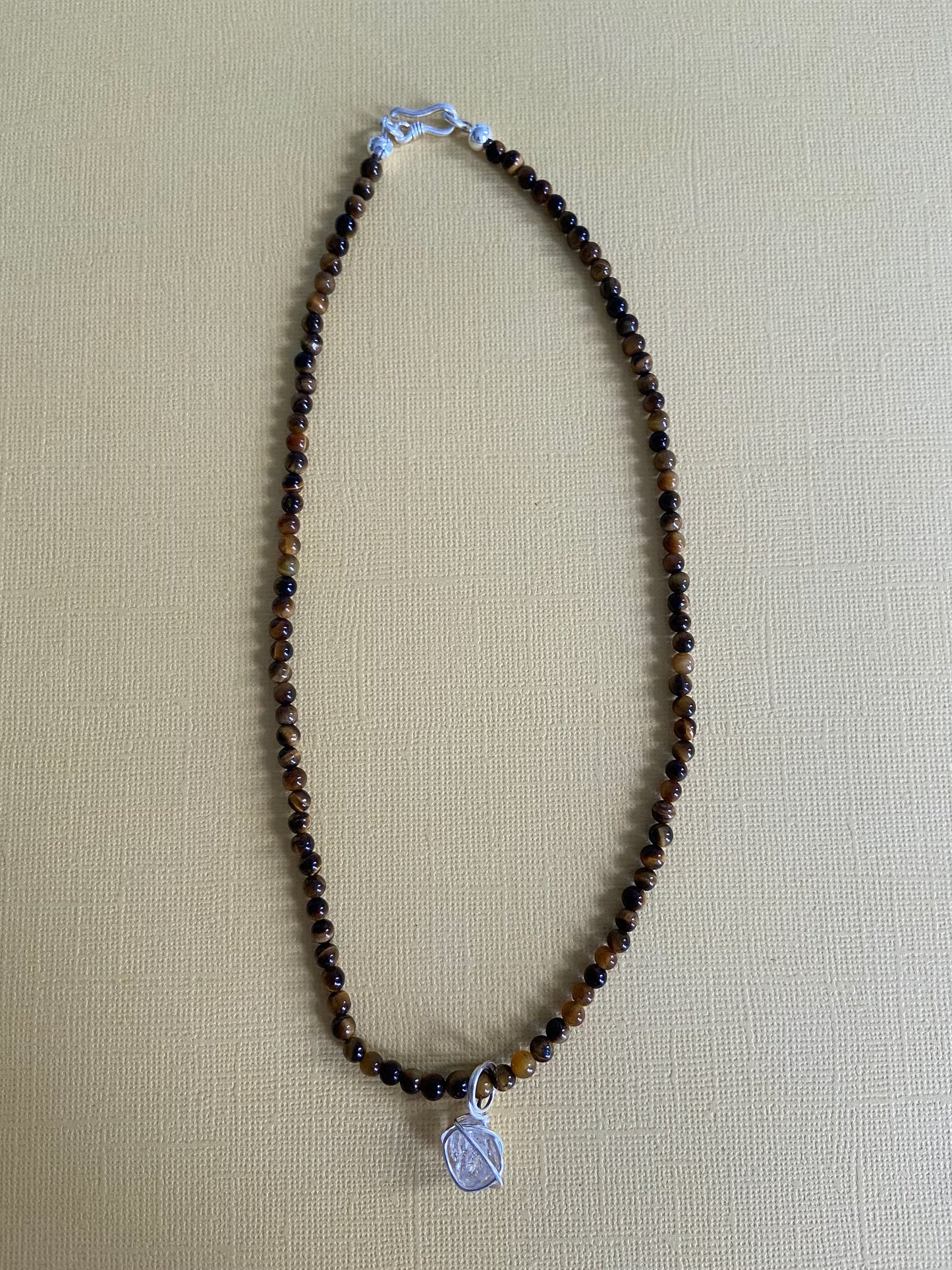 Herkimer diamond crystal wrapped in sterling silver pendant with Tigers eye natural gemstone beaded necklace