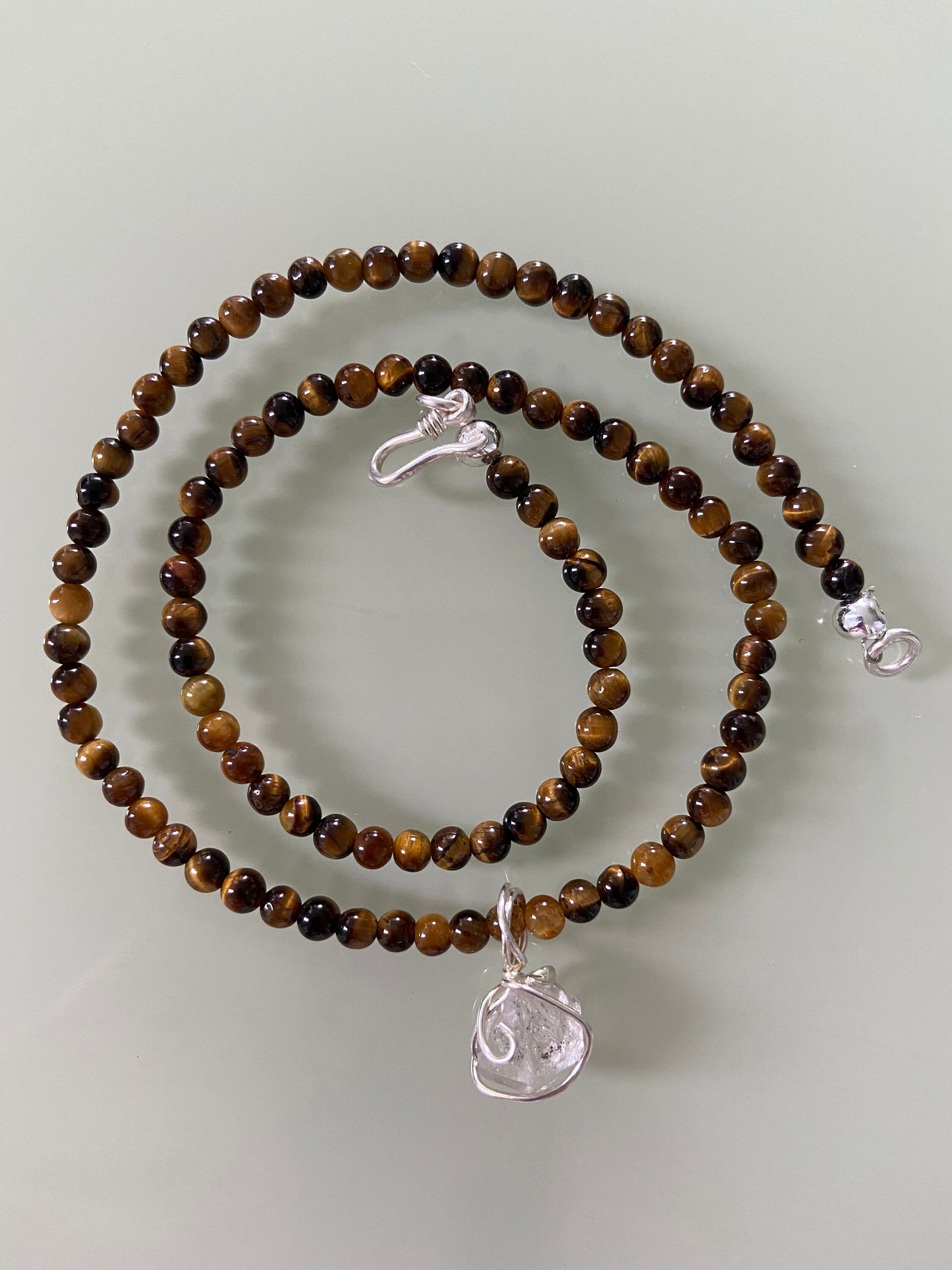 Herkimer diamond crystal wrapped in sterling silver pendant with Tigers eye natural gemstone beaded necklace