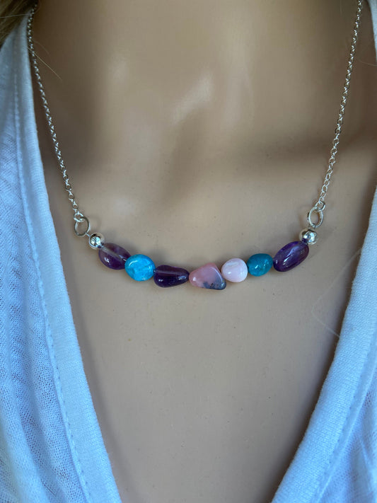 Mixed genuine natural gemstone necklace choker silver adjustable